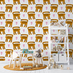 Child-friendly room showcasing 'Cats Wallpaper 4' with orange striped cats and pink hearts on the walls. The room features child-sized wooden furniture and a plush elephant, creating a fun and inviting play area