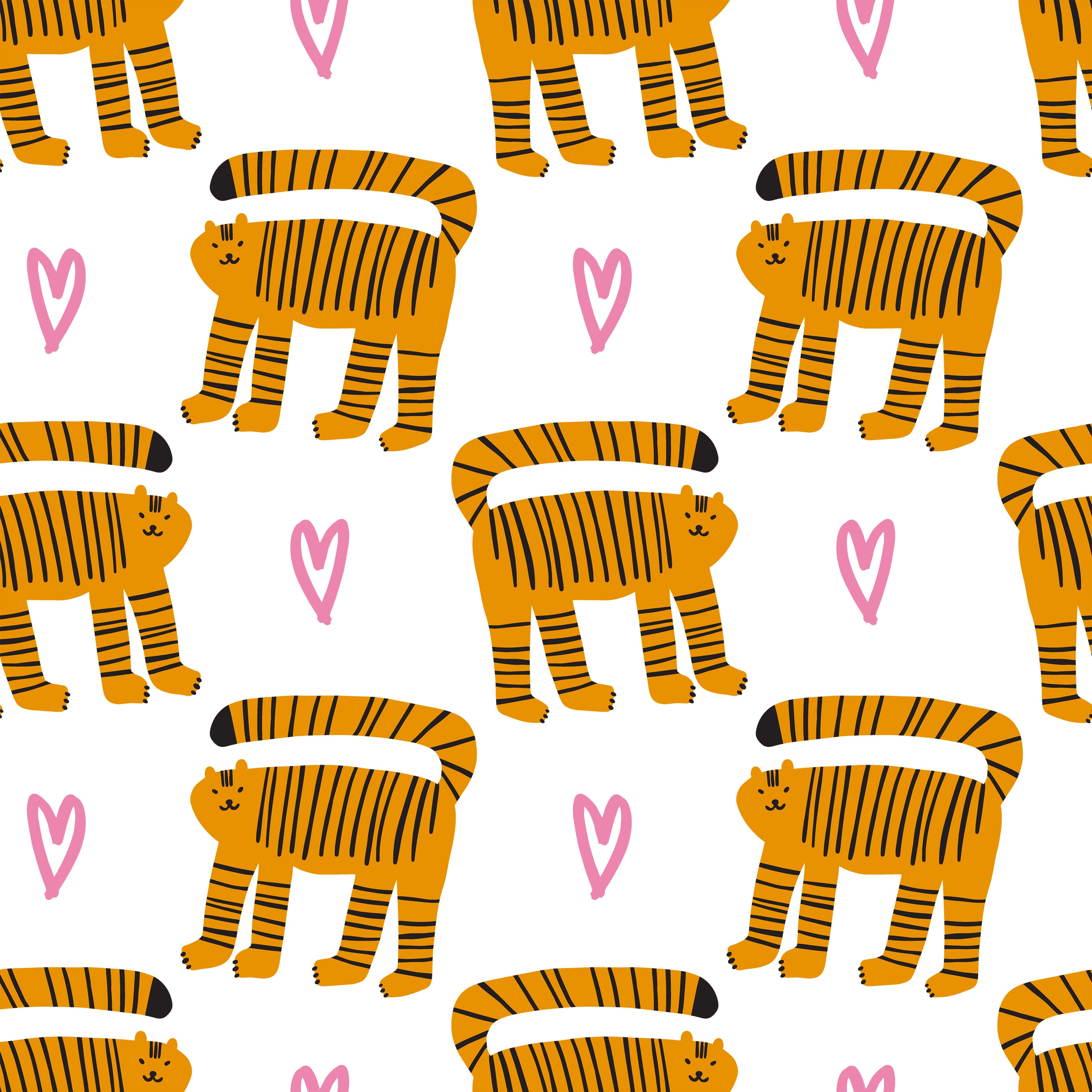A cheerful pattern of orange striped cats in various playful poses, interspersed with pink hearts on a white background. This 'Cats Wallpaper 4' adds a whimsical and joyous atmosphere, suitable for children's rooms or casual living spaces