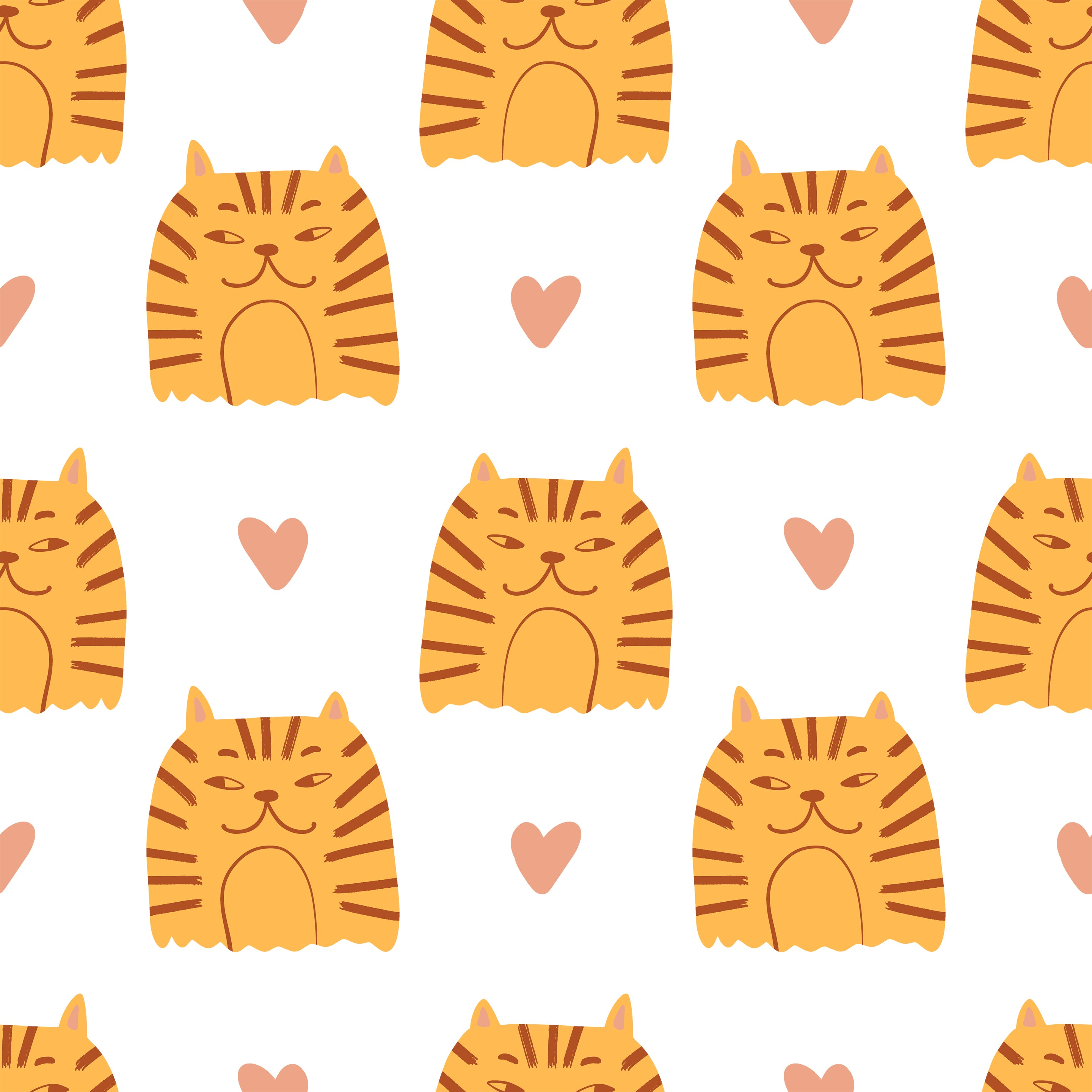 Adorable repeating pattern of striped orange tabby cats interspersed with pink hearts on a white background, designed for the 'Cat Wallpaper 9.' This playful wallpaper pattern is ideal for a fun and loving atmosphere in children's rooms or casual spaces.