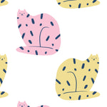 A playful and charming wallpaper design featuring rows of cats in pink and yellow, each adorned with abstract black markings. This repeating pattern offers a whimsical and vibrant aesthetic, ideal for a child's bedroom or creative space.