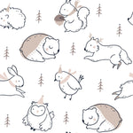 Detailed view of Winter Friends Wallpaper, featuring charming illustrations of woodland animals such as hedgehogs, squirrels, owls, and bunnies in party hats, set against a backdrop of delicate pine trees and scattered dots on a white background.