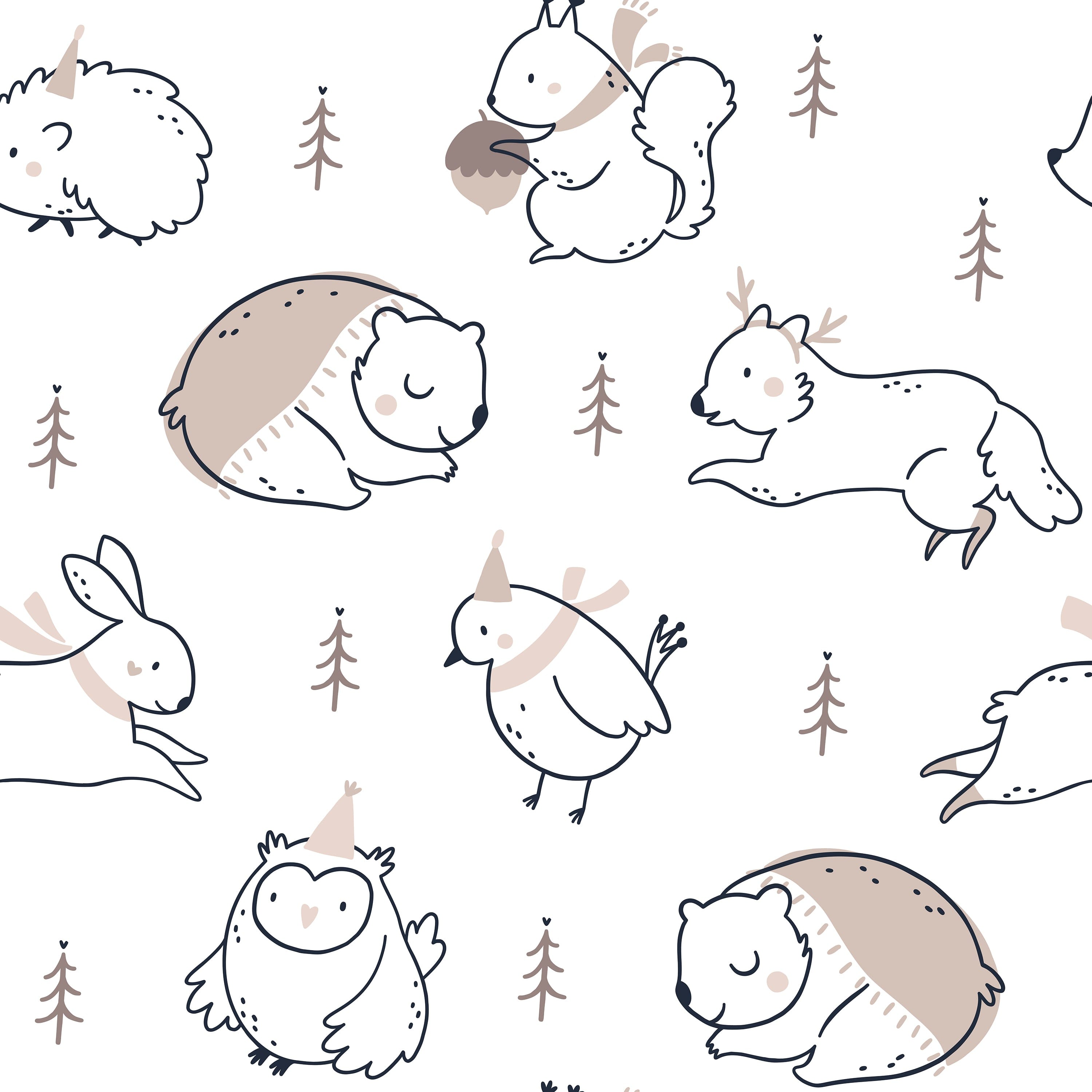 Detailed view of Winter Friends Wallpaper, featuring charming illustrations of woodland animals such as hedgehogs, squirrels, owls, and bunnies in party hats, set against a backdrop of delicate pine trees and scattered dots on a white background.