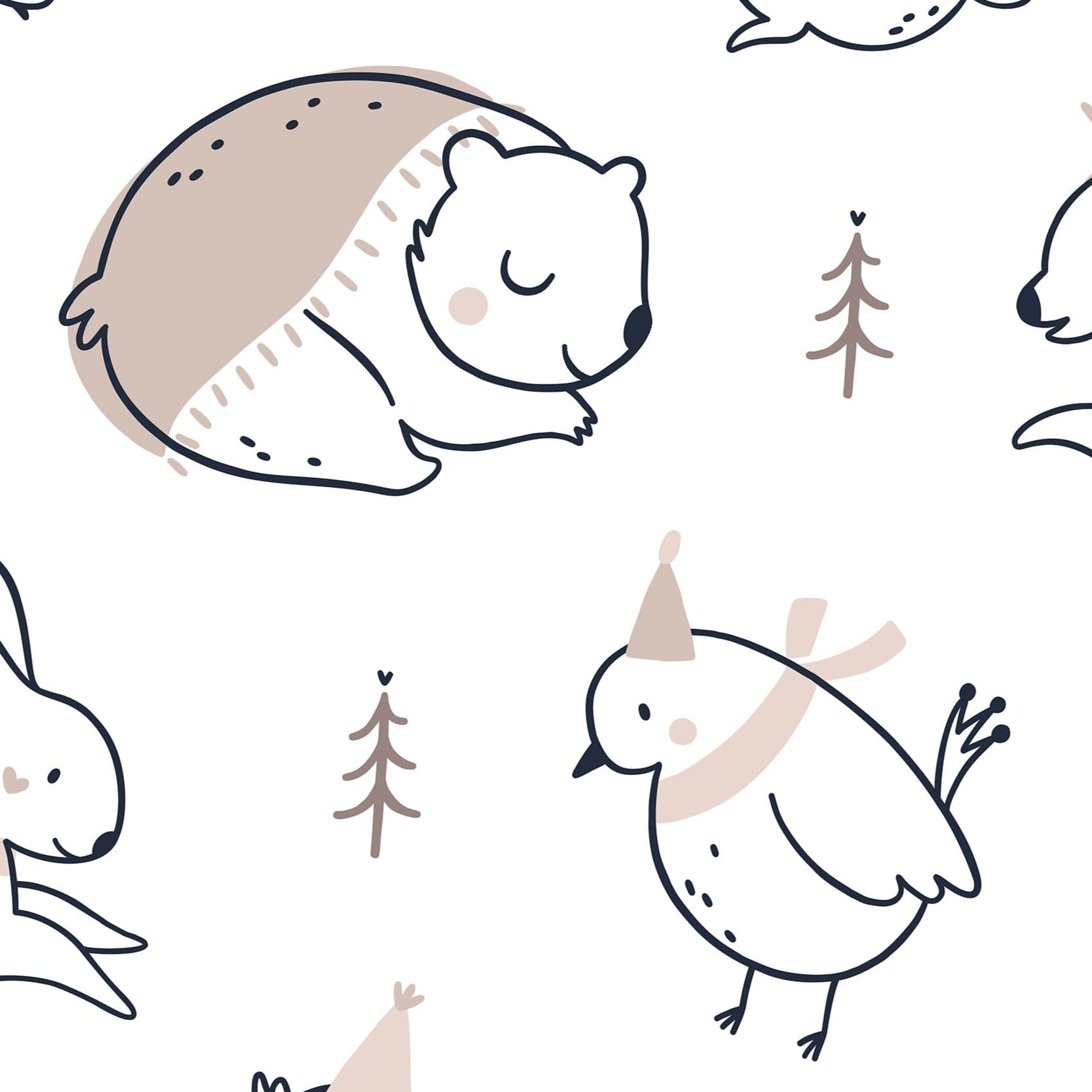 Detailed view of Winter Friends Wallpaper, featuring charming illustrations of woodland animals such as hedgehogs, squirrels, owls, and bunnies in party hats, set against a backdrop of delicate pine trees and scattered dots on a white background.