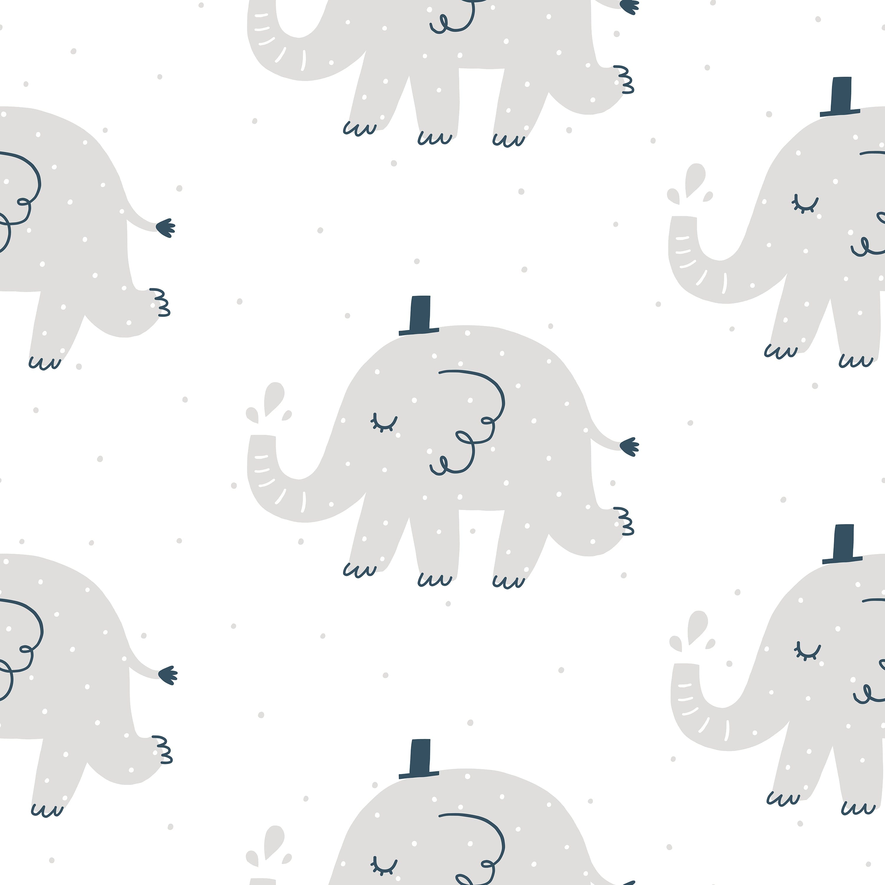 Close-up view of the Elephant Party Wallpaper featuring playful gray elephants with subtle blue accents, sprinkled with tiny dots over a white background, ideal for children's rooms or nurseries.