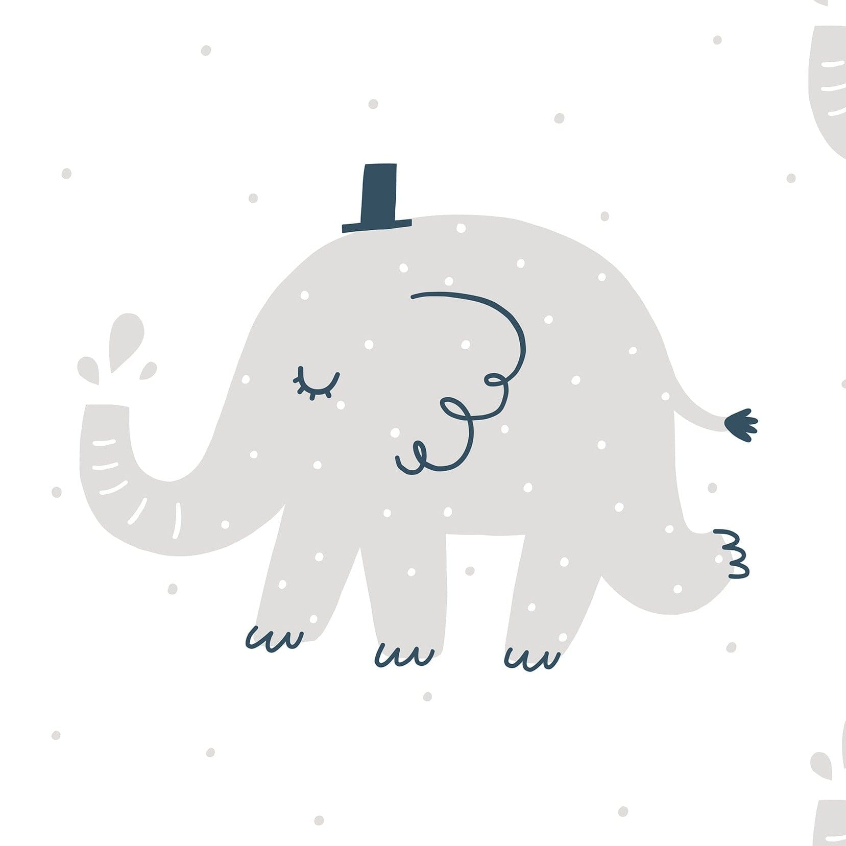 Close-up view of the Elephant Party Wallpaper featuring playful gray elephants with subtle blue accents, sprinkled with tiny dots over a white background, ideal for children's rooms or nurseries.