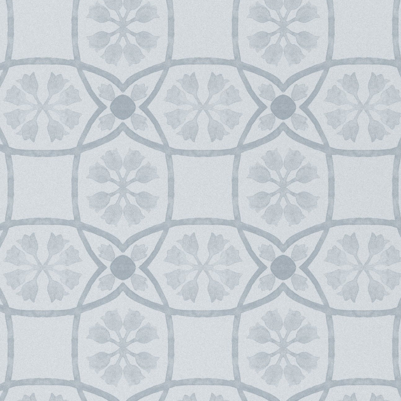 A detailed image of the 'Distressed Moroccan Tile - Pale Blue' wallpaper pattern, depicting a harmonious geometric floral design. The soft pale blue and distressed texture give the wallpaper a vintage charm and a soothing color scheme, ideal for adding a touch of elegance to any room.