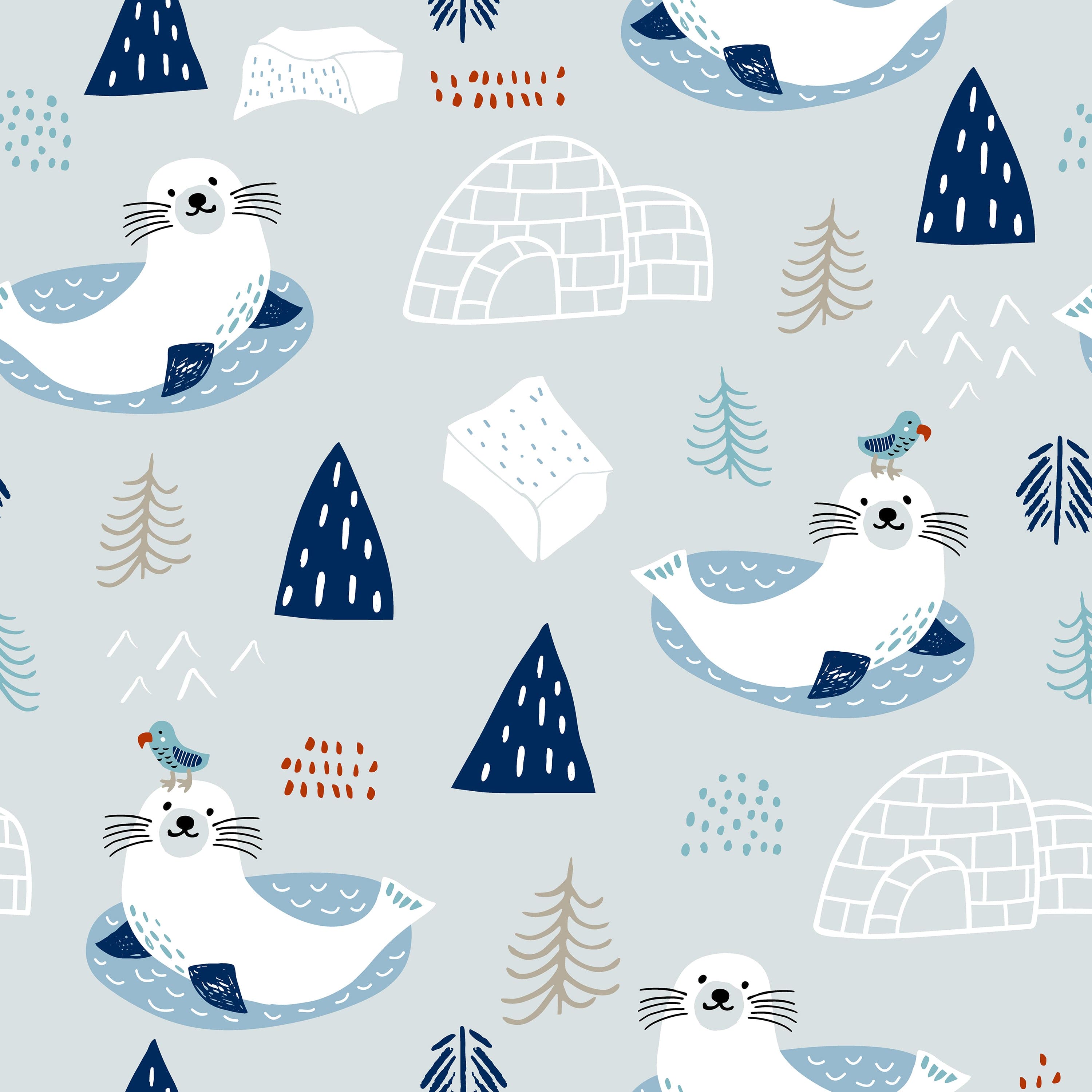 A playful and serene wallpaper design featuring whimsical seals on ice floats, accompanied by stylized trees, igloos, and mountains in a cool color palette of blues and grays. Each seal is charmingly illustrated with a joyful expression, enhancing the light-hearted, Arctic-inspired theme.