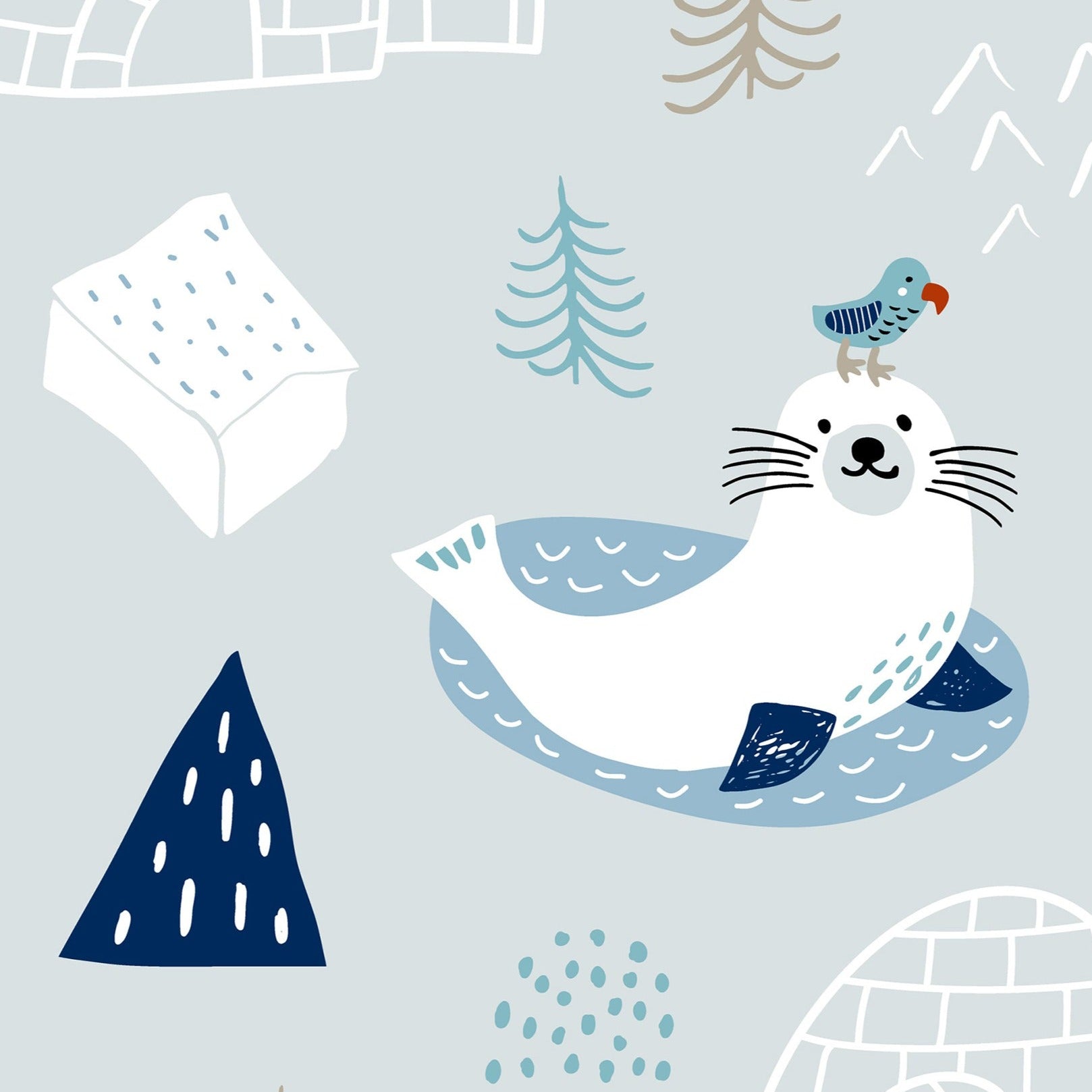 A playful and serene wallpaper design featuring whimsical seals on ice floats, accompanied by stylized trees, igloos, and mountains in a cool color palette of blues and grays. Each seal is charmingly illustrated with a joyful expression, enhancing the light-hearted, Arctic-inspired theme.
