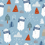 A playful and charming wallpaper design featuring stylized polar bears wearing striped scarves, interspersed with abstract trees and mountains on a soft blue background. The bears are whimsically illustrated in white with simple black details, creating a friendly and inviting winter scene.
