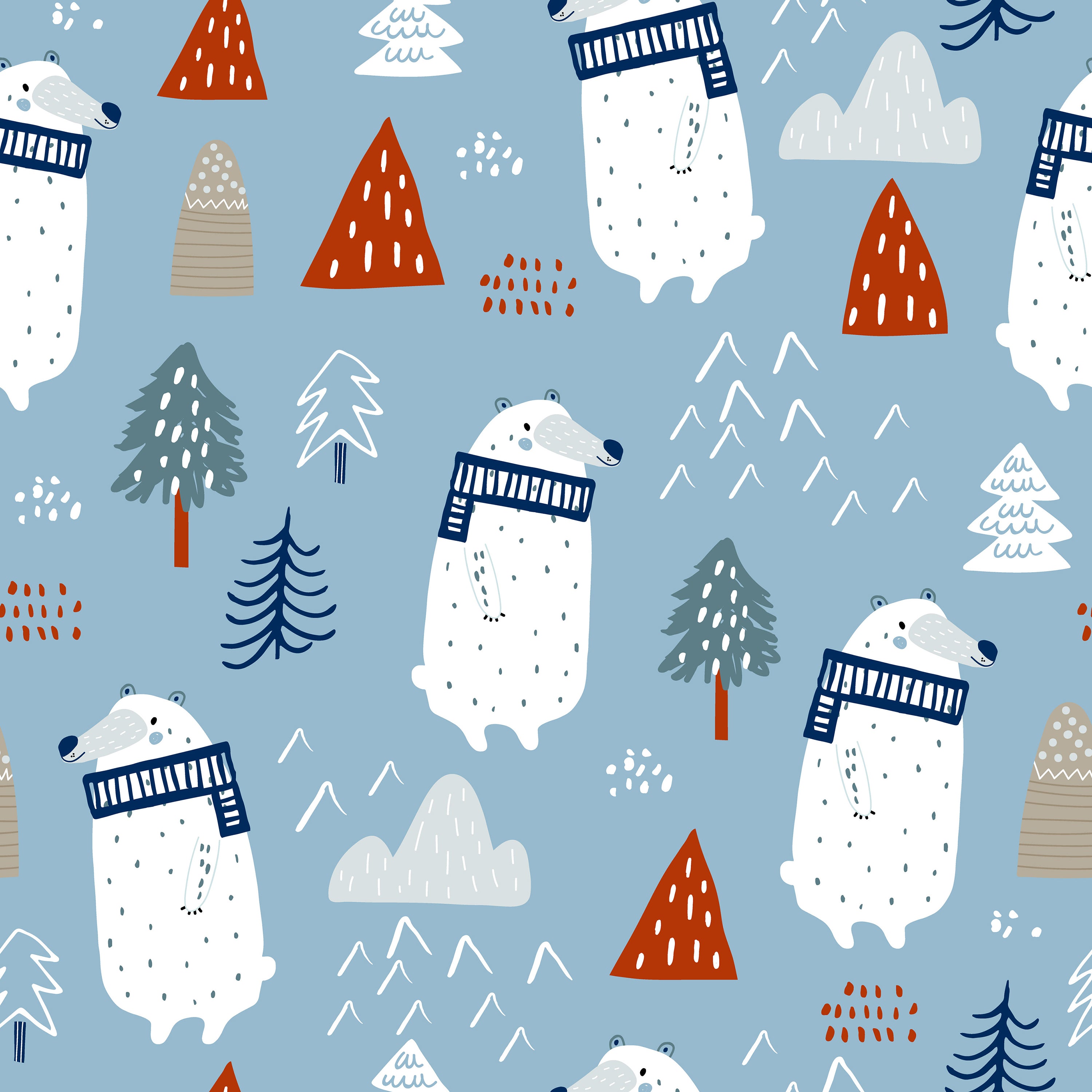 A playful and charming wallpaper design featuring stylized polar bears wearing striped scarves, interspersed with abstract trees and mountains on a soft blue background. The bears are whimsically illustrated in white with simple black details, creating a friendly and inviting winter scene.