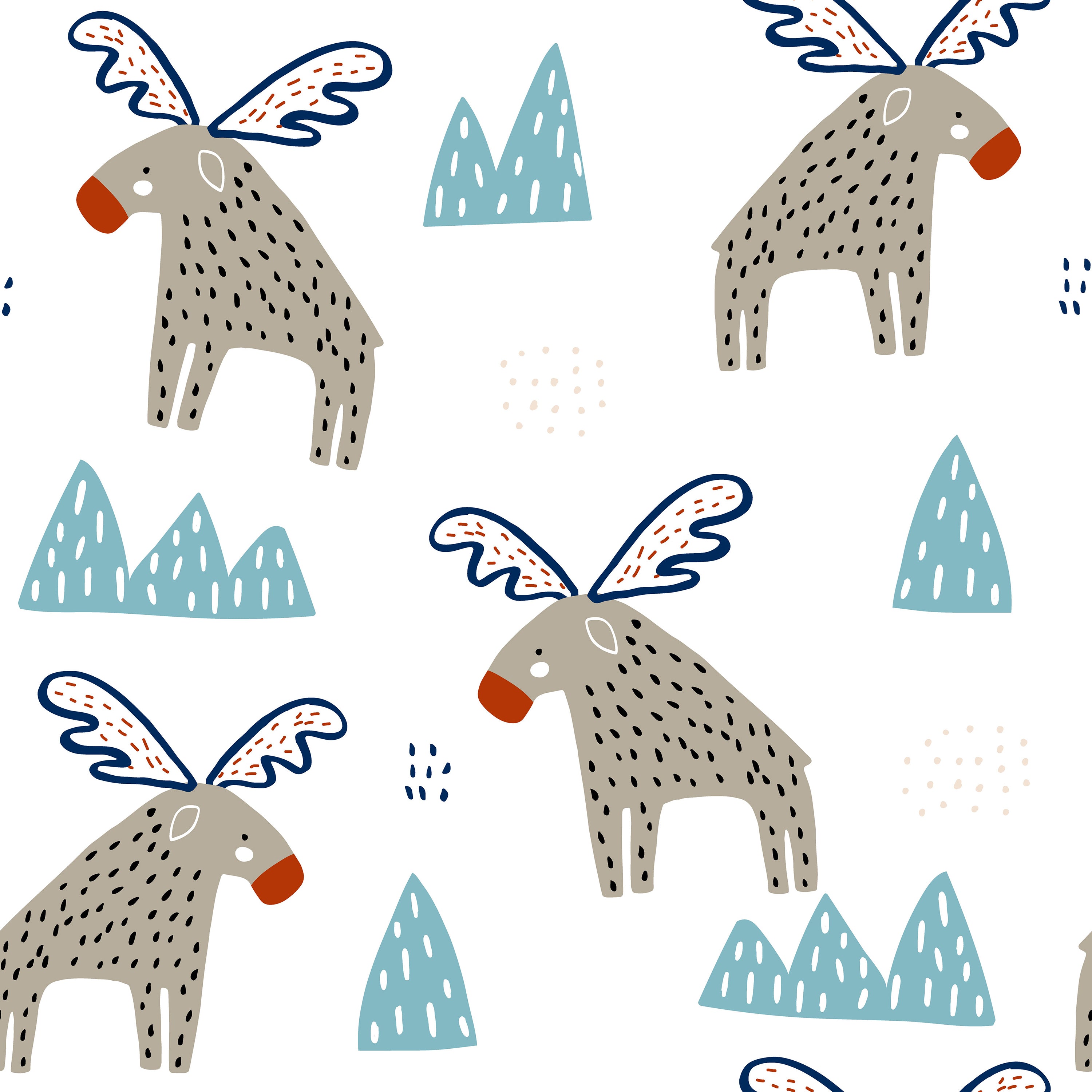 A playful wallpaper featuring whimsical moose with oversized, colorful wings amidst a landscape of stylized mountains and scattered decorative elements like dots and lines. The moose are gray with red noses and vibrant blue patterned wings, creating a fun and imaginative scene on a white background.