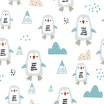 A close-up of the "Nordic Penguin Wallpaper" showing a delightful array of cartoon penguins in various expressions alongside abstract mountains and cloud designs. The colors include shades of blue, beige, and white, contributing to a light and cheerful vibe.