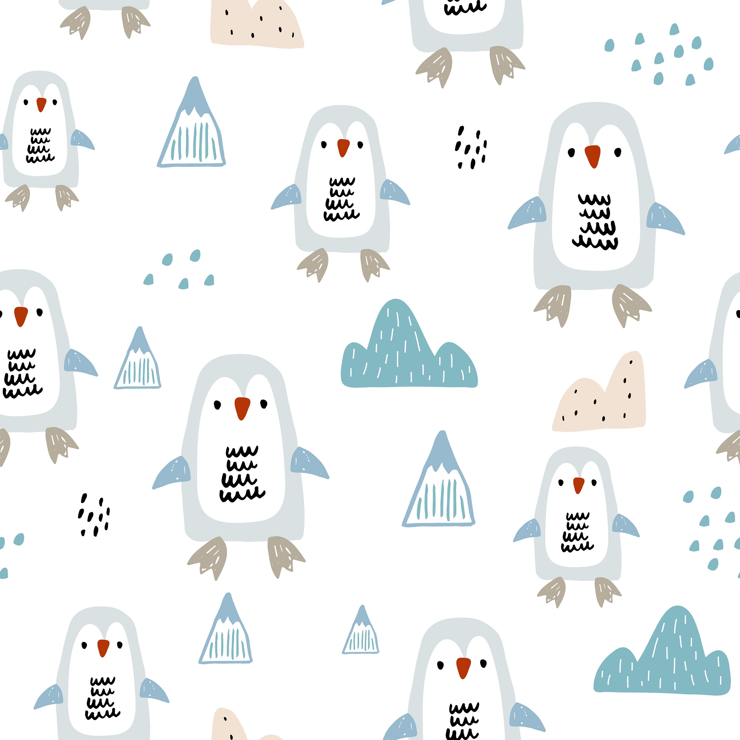 A close-up of the "Nordic Penguin Wallpaper" showing a delightful array of cartoon penguins in various expressions alongside abstract mountains and cloud designs. The colors include shades of blue, beige, and white, contributing to a light and cheerful vibe.