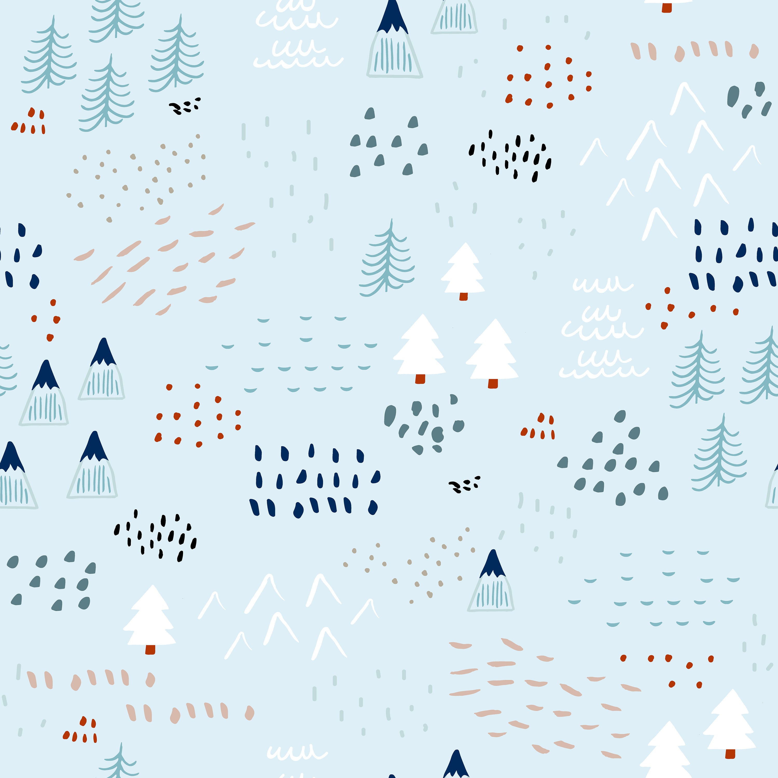 A captivating wallpaper design featuring a serene light blue background decorated with abstract representations of trees, mountains, and weather elements. The scene includes white and navy trees, orange and navy mountains, and various whimsical patterns like dots and dashes, evoking a playful, adventurous spirit.