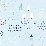 A captivating wallpaper design featuring a serene light blue background decorated with abstract representations of trees, mountains, and weather elements. The scene includes white and navy trees, orange and navy mountains, and various whimsical patterns like dots and dashes, evoking a playful, adventurous spirit.