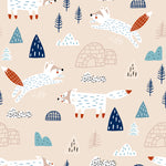 A playful wallpaper design featuring a pattern of white and blue stylized foxes, igloos, and trees on a beige background. The foxes are depicted in various poses, with some running and others standing, surrounded by small trees and geometric mountain shapes.