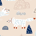 A playful wallpaper design featuring a pattern of white and blue stylized foxes, igloos, and trees on a beige background. The foxes are depicted in various poses, with some running and others standing, surrounded by small trees and geometric mountain shapes.