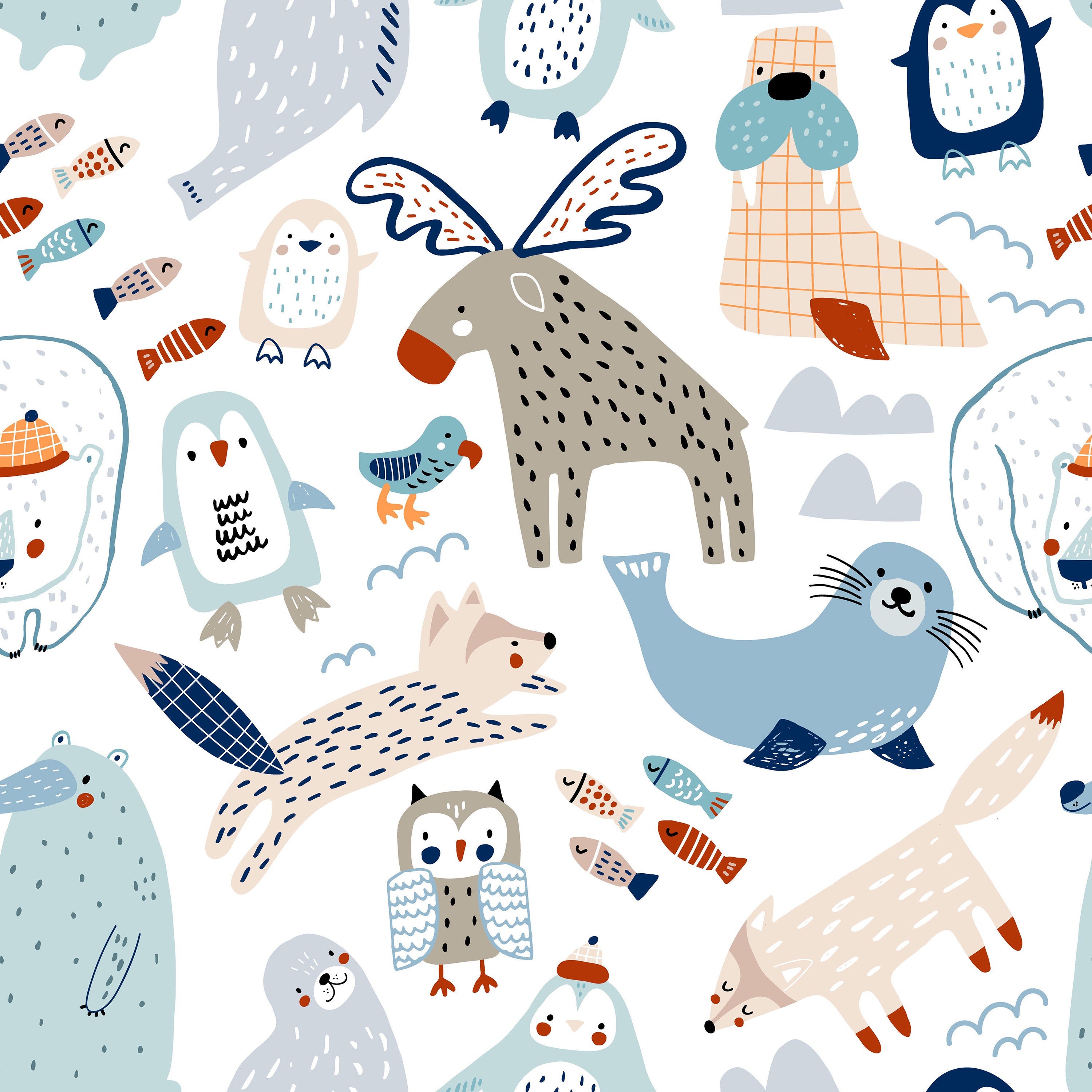 A seamless pattern featuring a whimsical collection of Nordic-inspired animals such as moose with wings, seals, foxes, owls, and penguins, all in a playful and colorful design on a light background.
