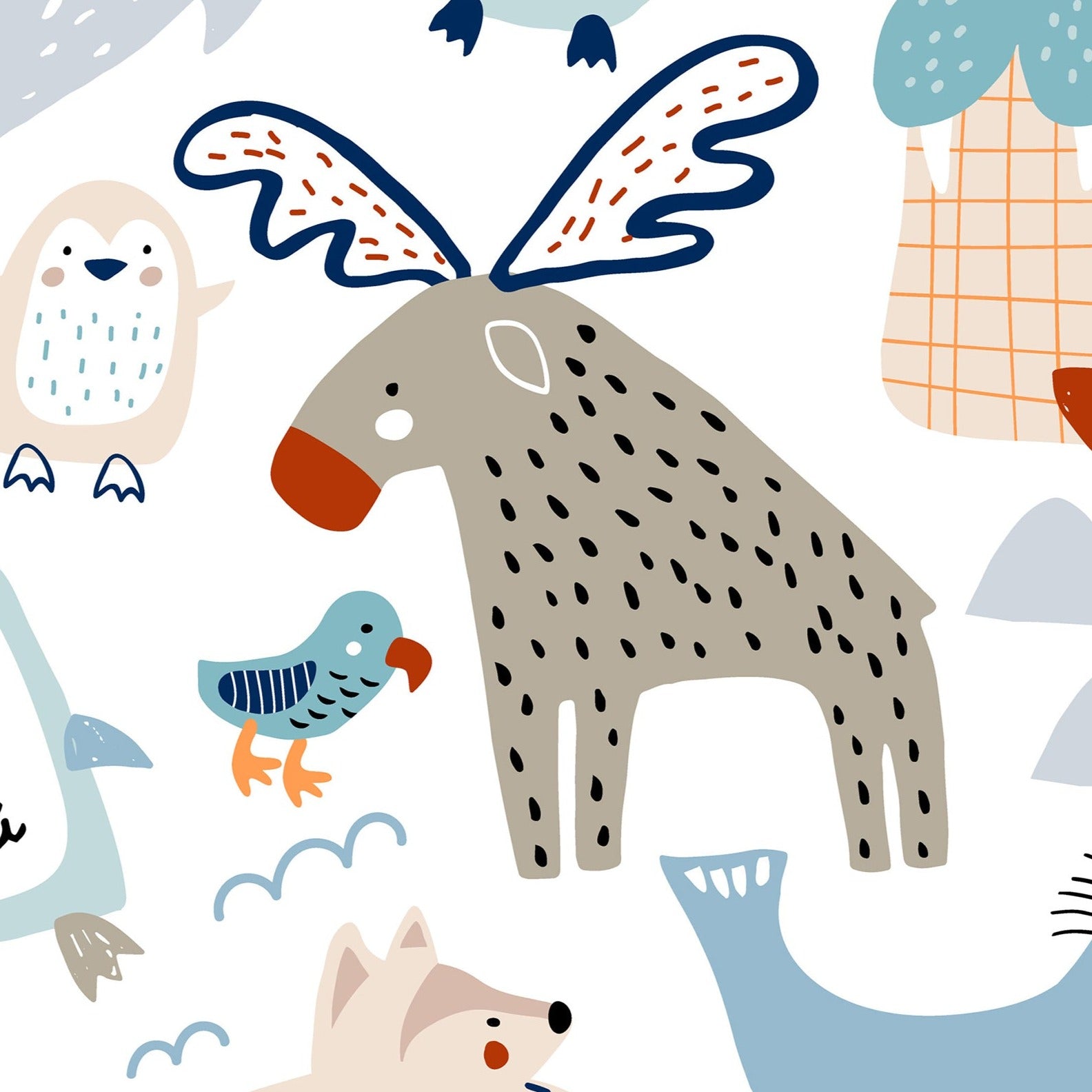 A seamless pattern featuring a whimsical collection of Nordic-inspired animals such as moose with wings, seals, foxes, owls, and penguins, all in a playful and colorful design on a light background.