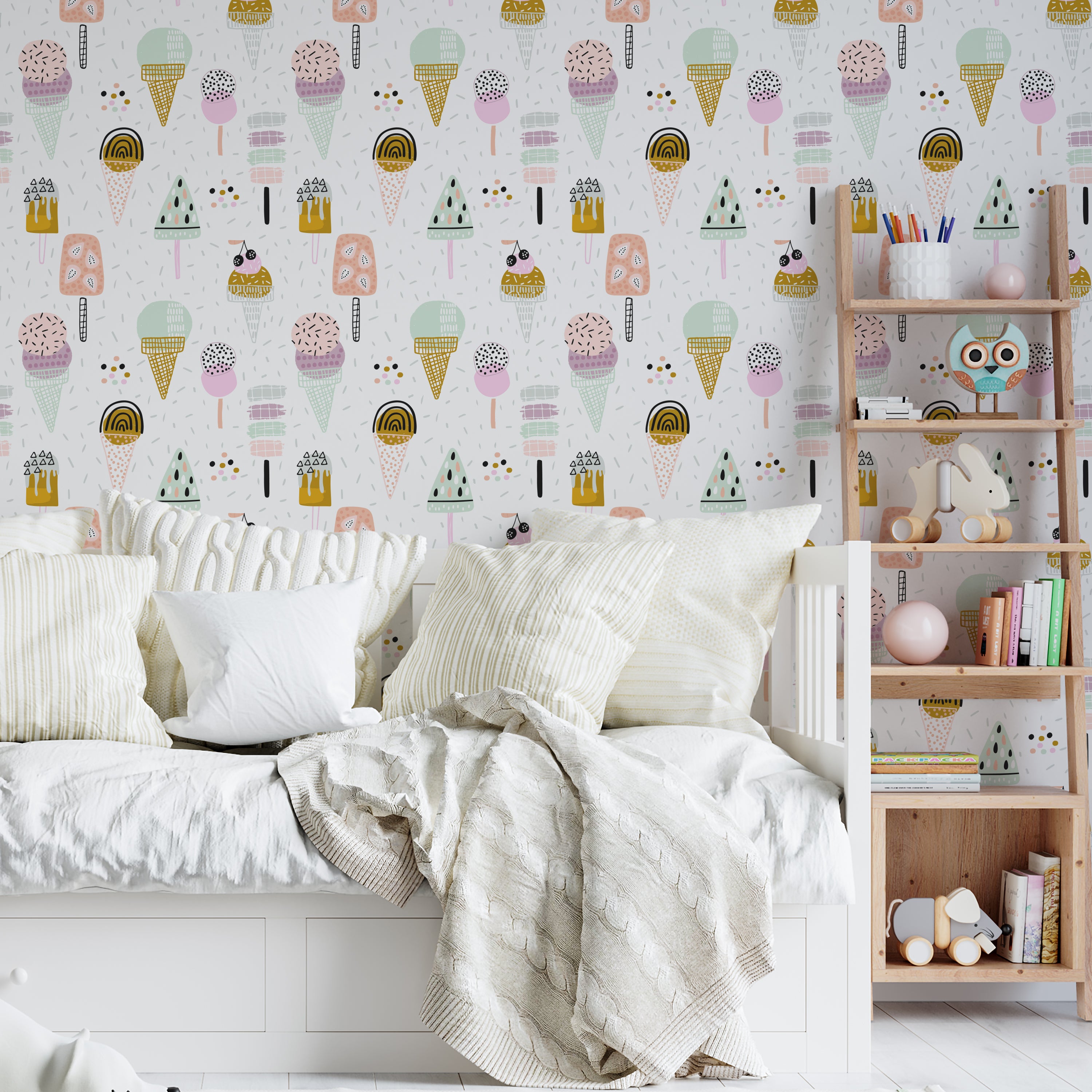 Children's bedroom showcasing walls adorned with playful ice cream cone and popsicle wallpaper in pastel colors, complementing a cozy corner filled with plush toys, books, and wooden shelving for a fun and inviting atmosphere.