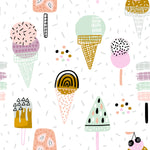 Colorful and whimsical pattern featuring various ice cream cones and popsicles in pastel and vibrant colors, set against a light background scattered with playful dots and geometric shapes, suitable for children's room decor