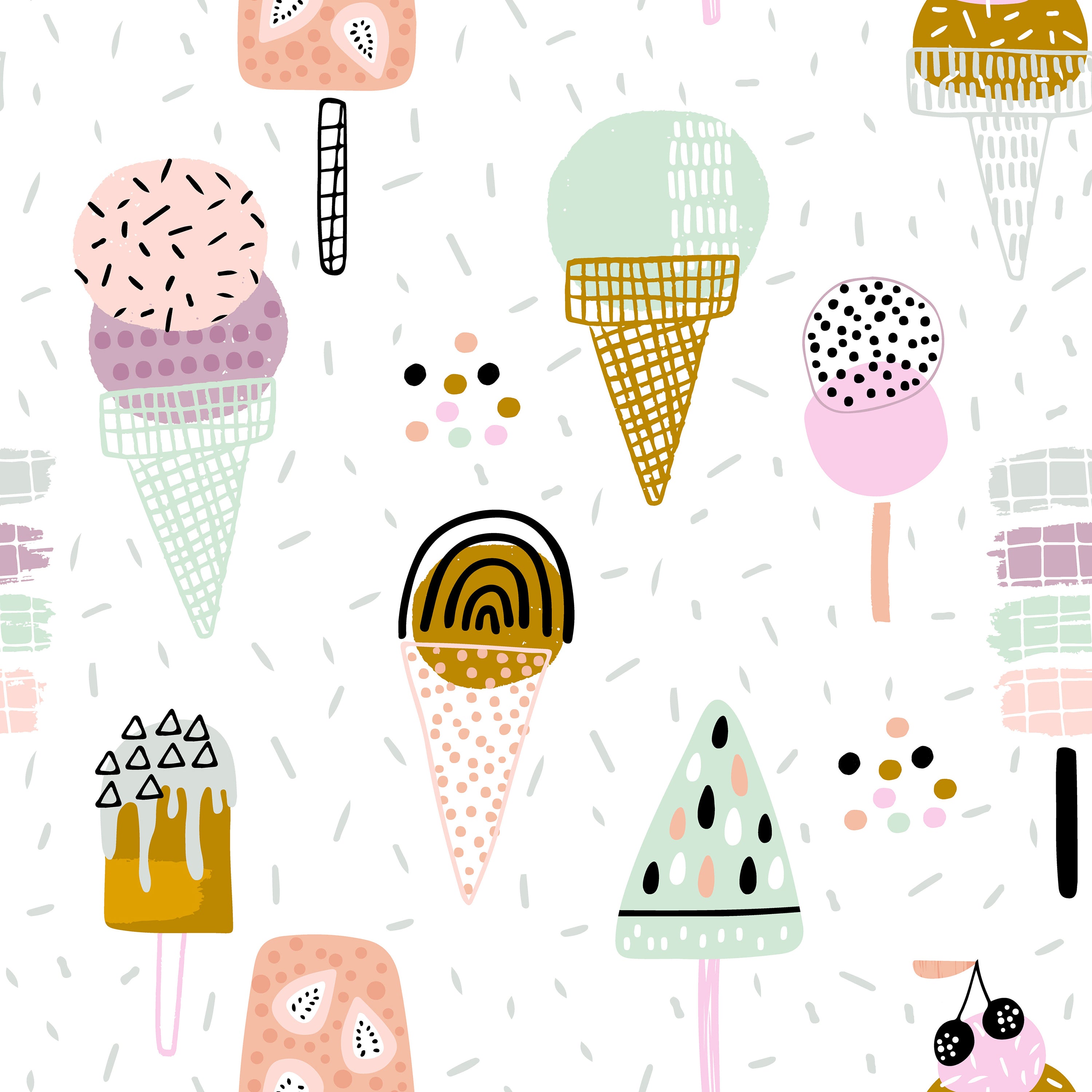 Colorful and whimsical pattern featuring various ice cream cones and popsicles in pastel and vibrant colors, set against a light background scattered with playful dots and geometric shapes, suitable for children's room decor