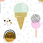 Colorful and whimsical pattern featuring various ice cream cones and popsicles in pastel and vibrant colors, set against a light background scattered with playful dots and geometric shapes, suitable for children's room decor