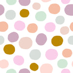 Seamless pattern featuring large, scattered polka dots in pastel shades of pink, peach, mint, purple, and mustard on a white background, evoking a playful and cheerful aesthetic suitable for a child's room.