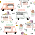 Playful pattern of colorful ice cream trucks in shades of peach, gray, and white, interspersed with ice cream cones and playful geometric shapes on a light background, perfect for a child's room.