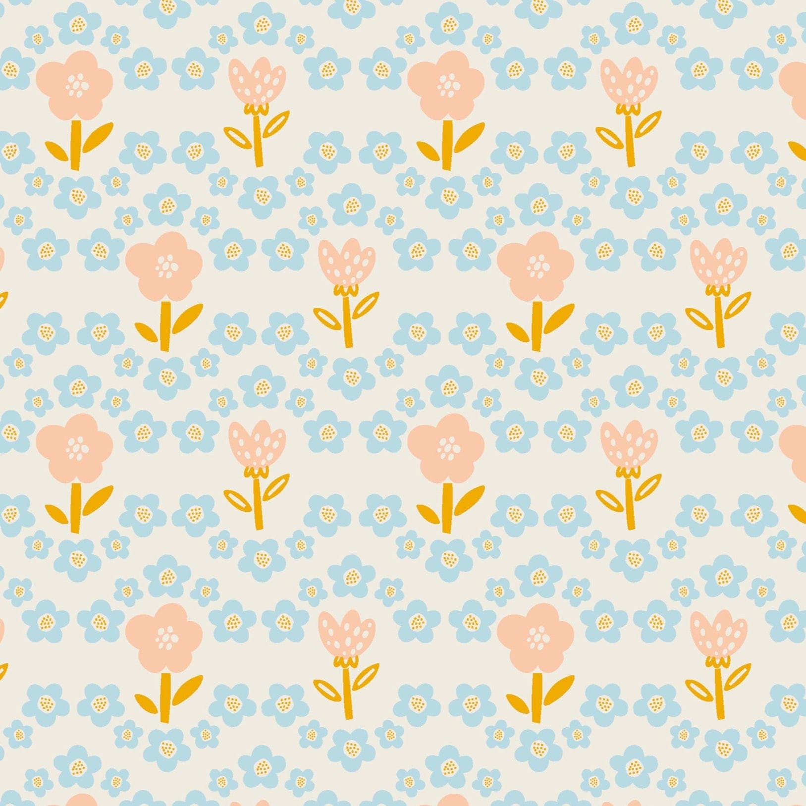 A close-up view of the Baby Spring Wallpaper, showcasing its charming pattern of small blue and pink flowers intermixed with soft green leaves, set against a light background, ideal for a fresh and soothing nursery or playroom.