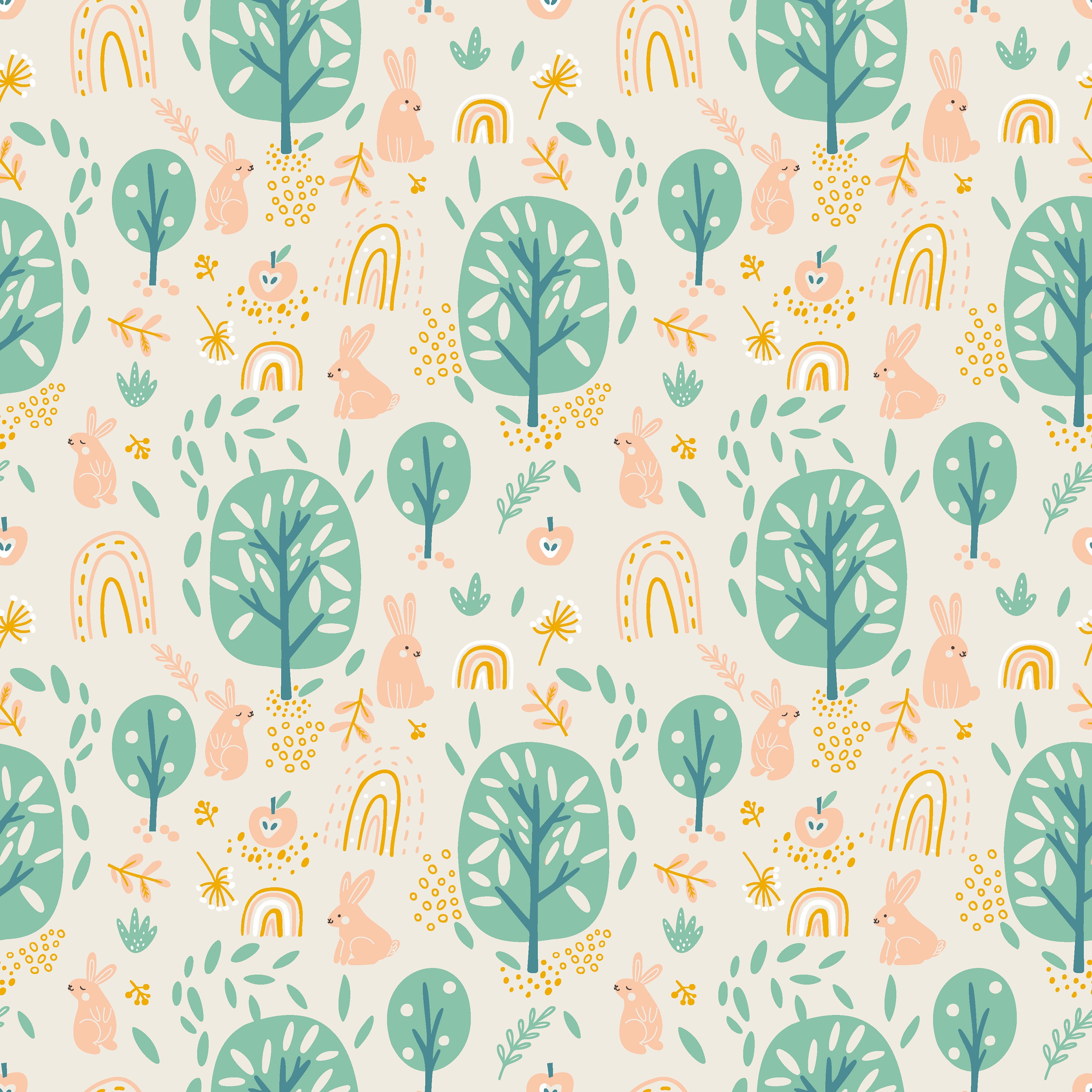 Seamless pattern of playful rabbits, trees, and small rainbows on a pale peach background, interspersed with flowers and leaves, ideal for a serene and engaging children's room decor.