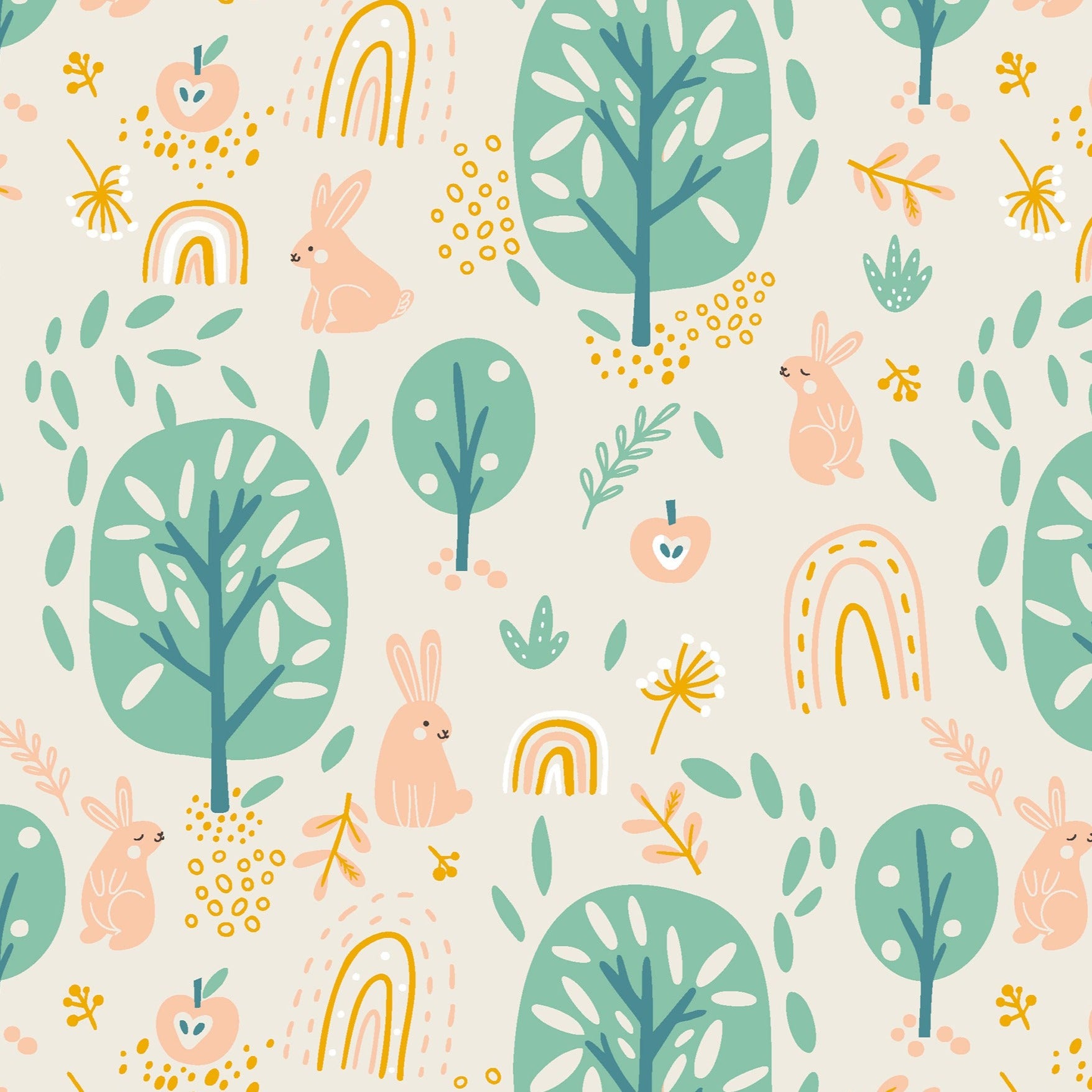 Seamless pattern of playful rabbits, trees, and small rainbows on a pale peach background, interspersed with flowers and leaves, ideal for a serene and engaging children's room decor.