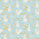 Seamless pattern of playful white rabbits and colorful rainbows on a soft blue background, decorated with white and yellow flowers, ideal for children's room decor.