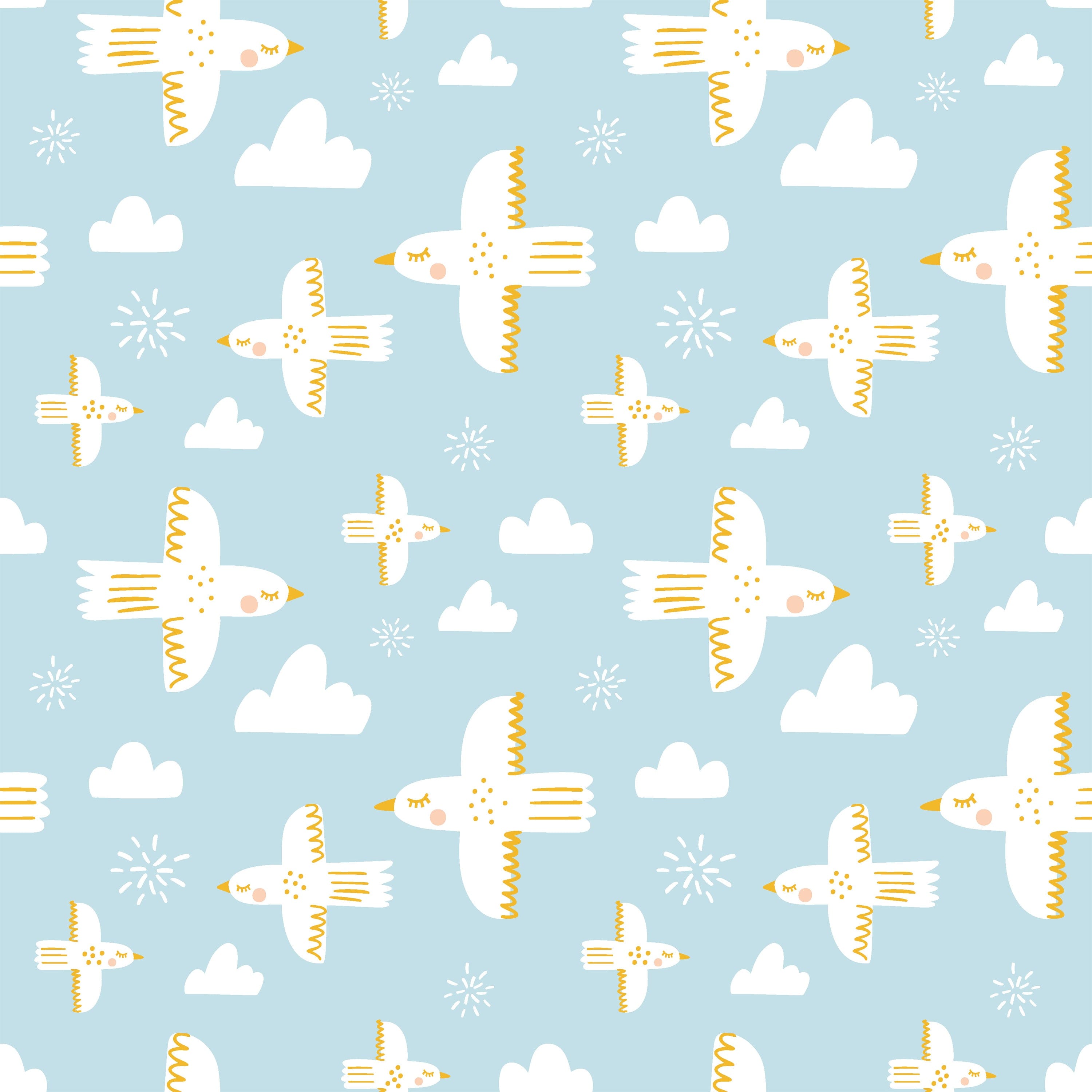 Charming wallpaper featuring a pattern of white birds in dynamic flight among clouds and scattered stars, set against a soft blue sky background, creating a sense of freedom and whimsy.