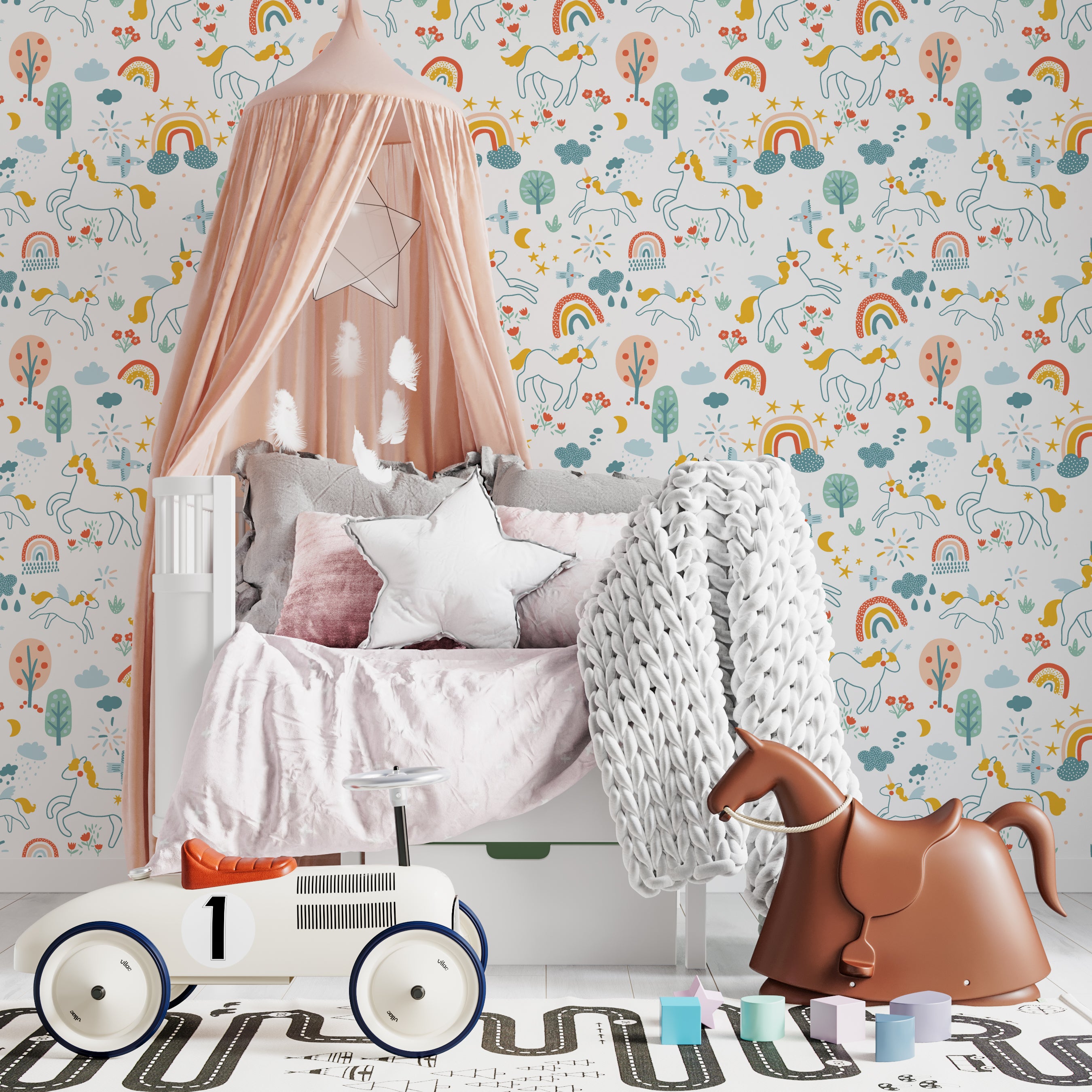 Children's bedroom showcasing a wall covered in a cheerful wallpaper featuring unicorns, rainbows, and nature motifs in soft colors, complemented by a cozy bed with a pink canopy and a toy car on a play mat.