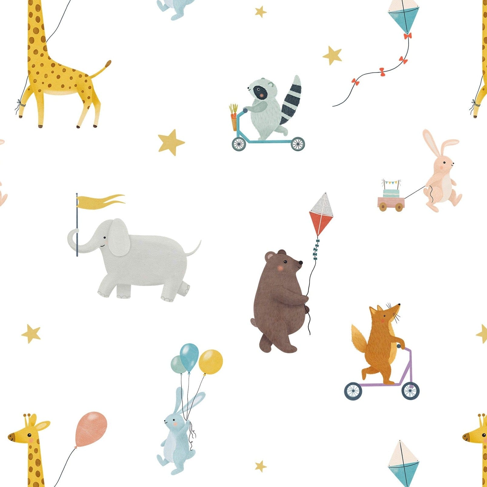 A playful wallpaper pattern featuring various animals engaged in adventurous activities on a white background. Illustrated are bears flying kites, giraffes holding balloons, foxes on scooters, elephants with flags, and other charming scenes interspersed with small golden stars.