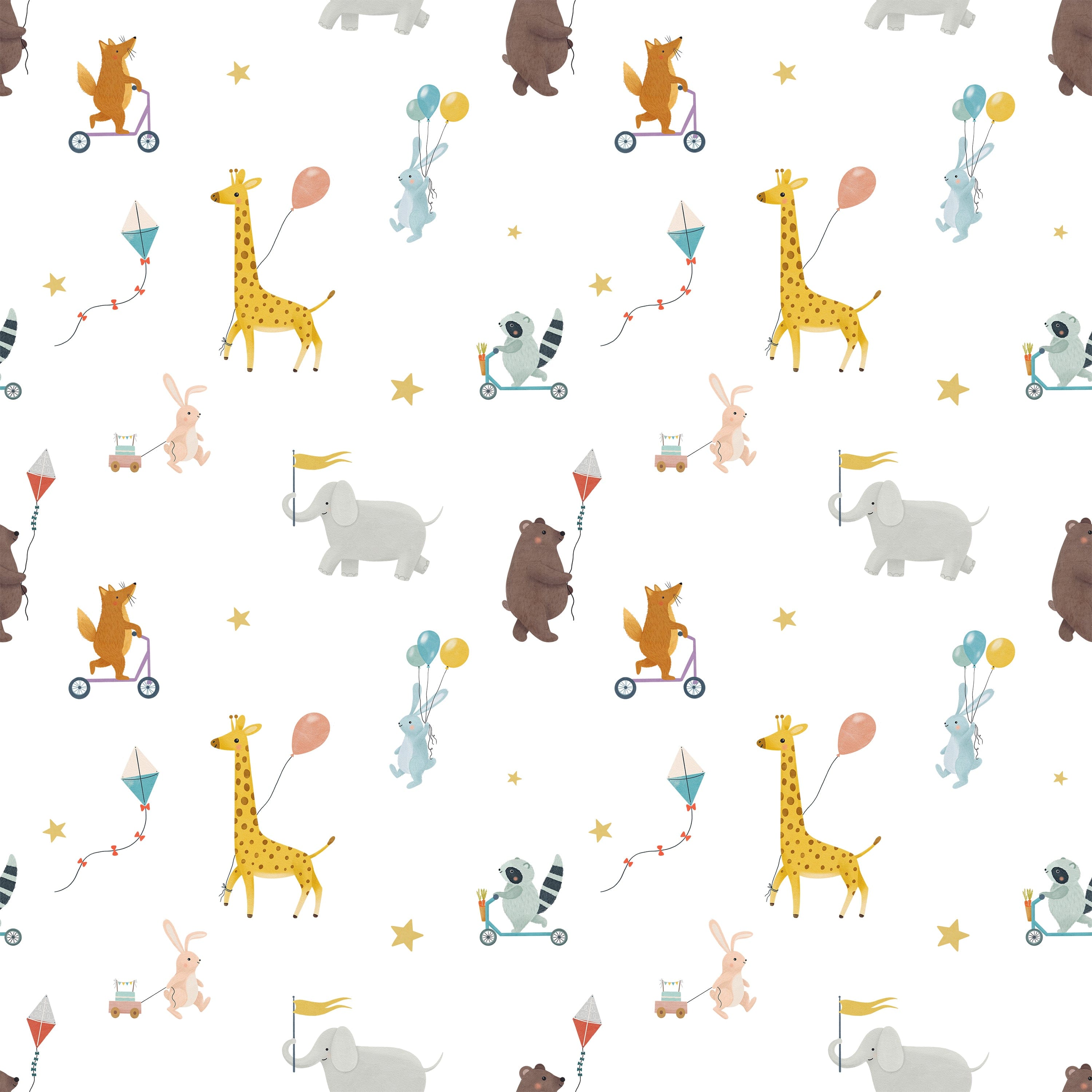 A playful wallpaper pattern featuring various animals engaged in adventurous activities on a white background. Illustrated are bears flying kites, giraffes holding balloons, foxes on scooters, elephants with flags, and other charming scenes interspersed with small golden stars.