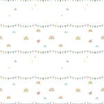 Cheerful and whimsical wallpaper featuring rows of playful elements like pastel rainbows, soft-colored bunting flags, and little stars scattered across a white background, perfect for a child's room