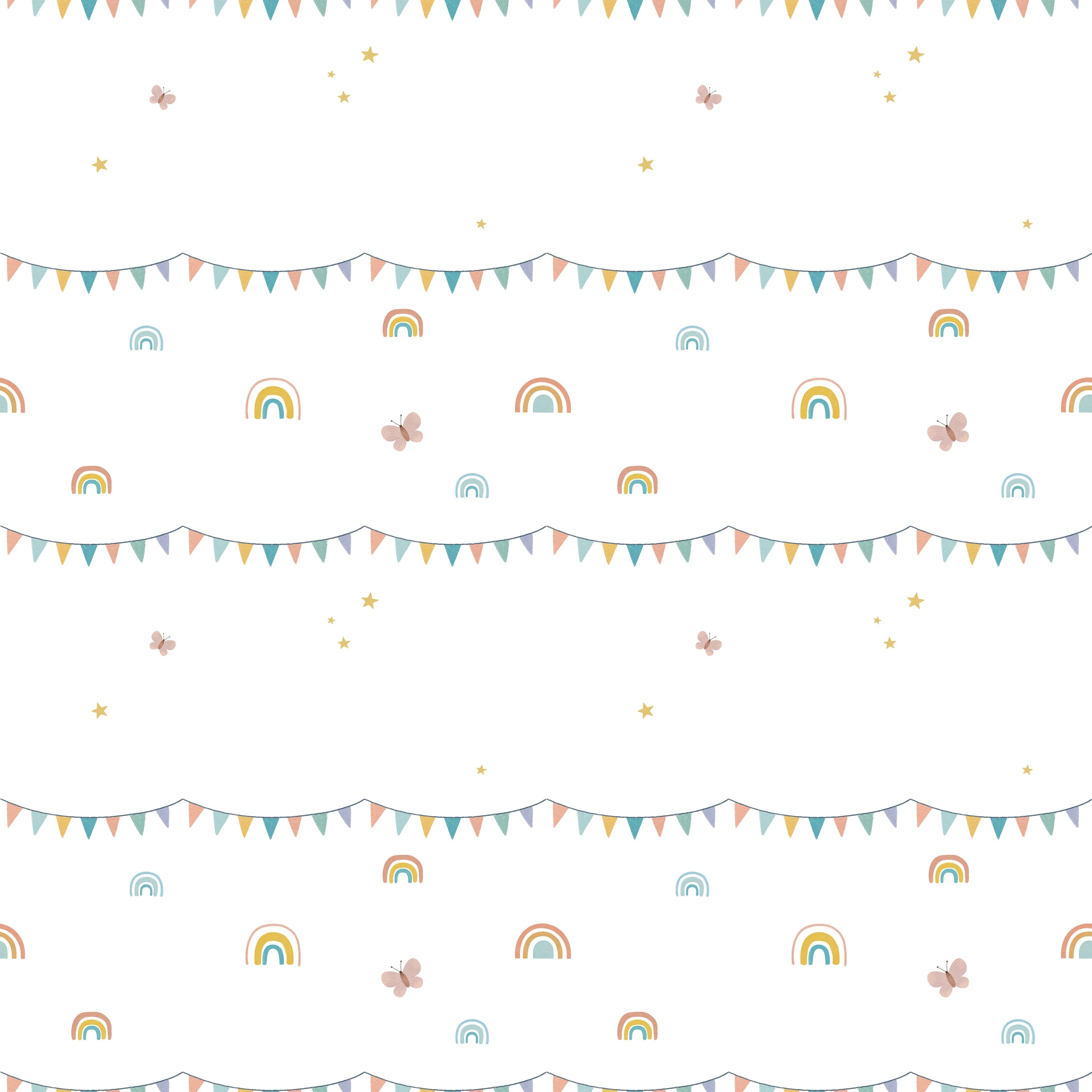 Cheerful and whimsical wallpaper featuring rows of playful elements like pastel rainbows, soft-colored bunting flags, and little stars scattered across a white background, perfect for a child's room