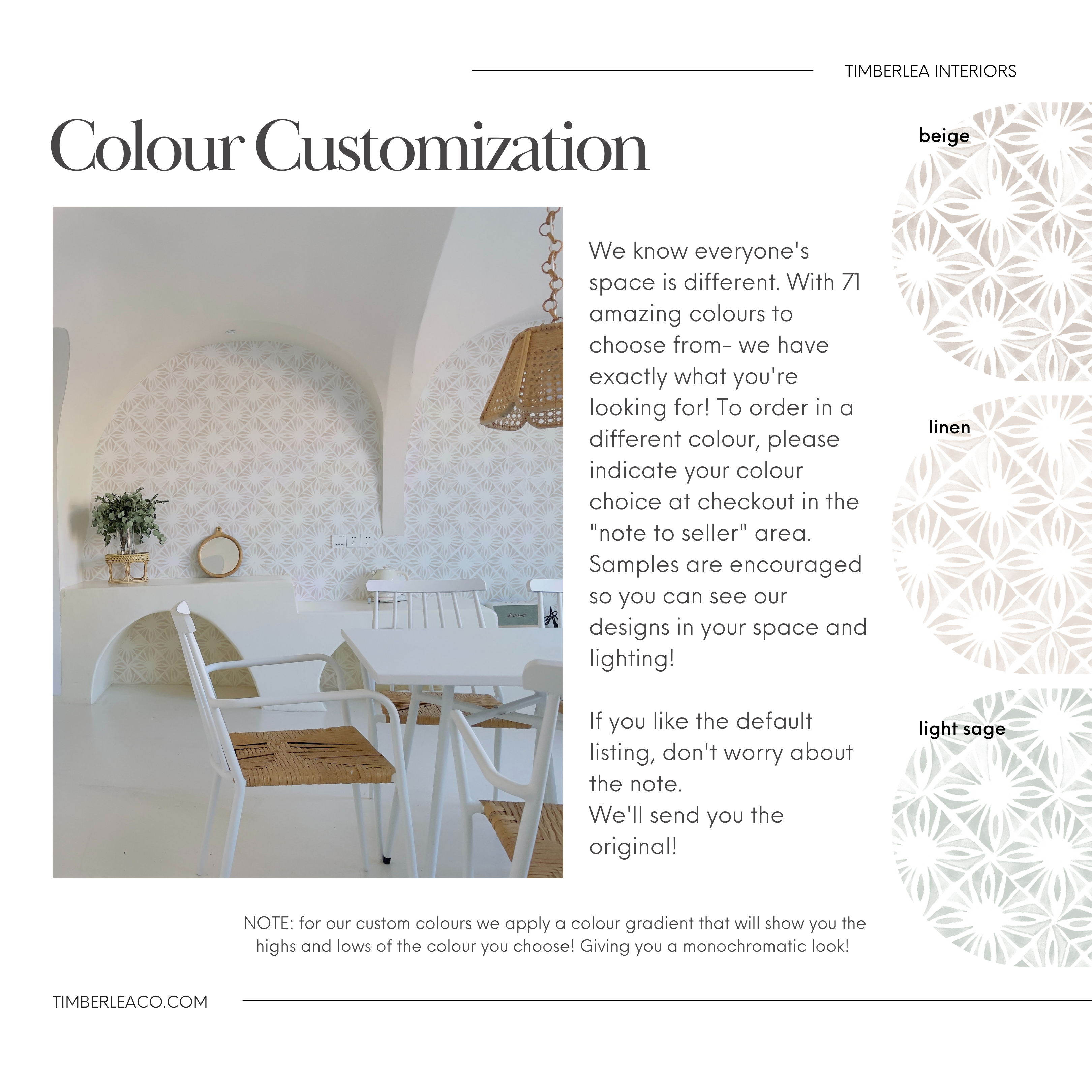 A promotional graphic by Timberlea Interiors for 'Colour Customization' of wallpapers, depicting a stylish kitchen with upper walls covered in a subtle geometric-patterned wallpaper. The image features text offering 71 color options for customization and encourages buyers to request samples to see how the designs look in their space's lighting.