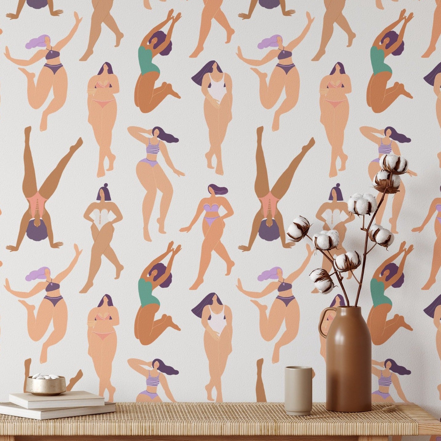 Modern room decorated with Girls in Paradise Wallpaper II featuring joyful dance and yoga motifs
