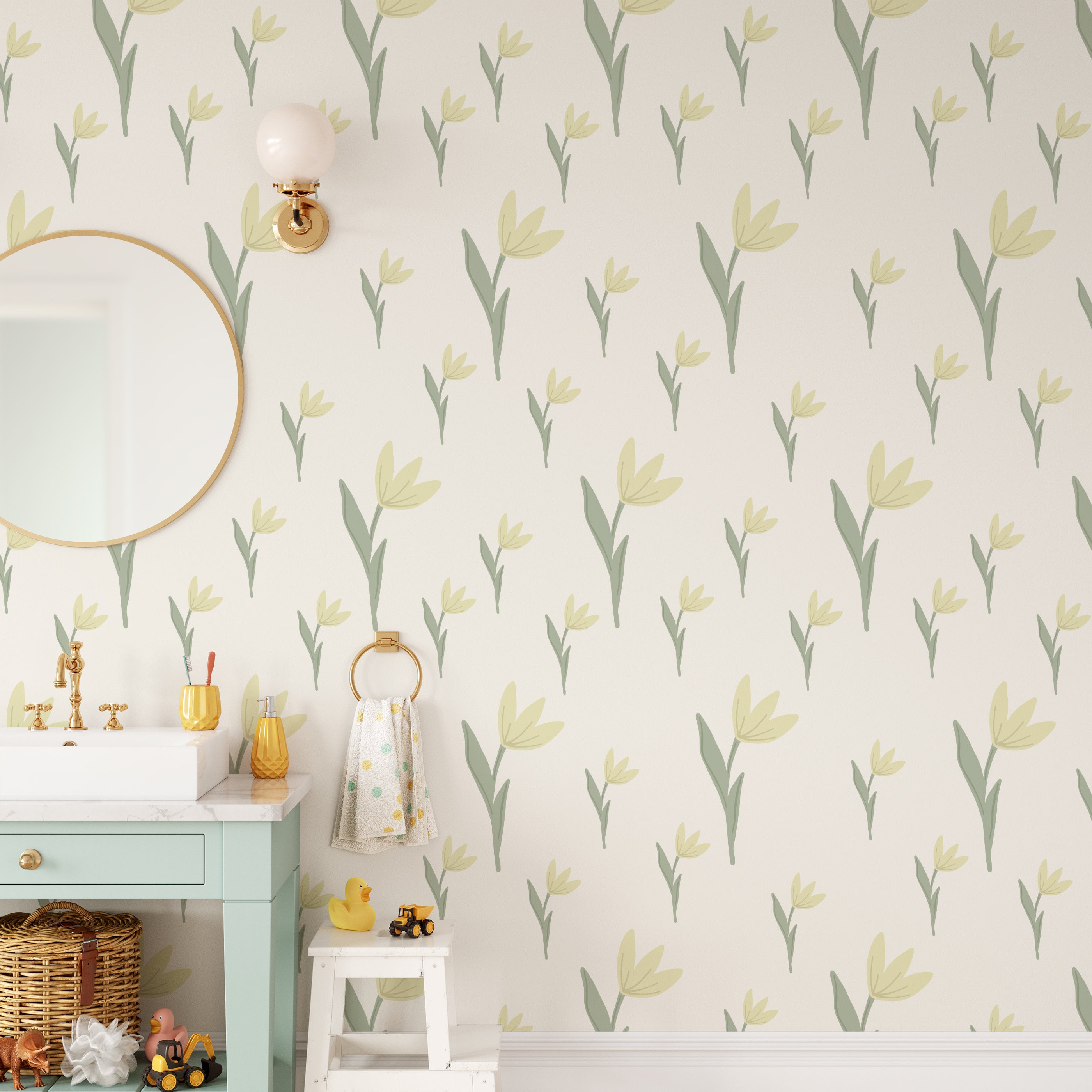 Close-up view of the Bright Garden Flowers Wallpaper, highlighting its simple yet elegant design of yellow tulips with green leaves on a soft cream background. The pattern is evenly spaced, giving a clean and organized look that brings a natural and calm feeling to any room.