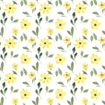 Yellow Spring Wallpaper pattern showcasing watercolor yellow flowers and green leaves on a white background