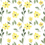 Yellow Spring Wallpaper pattern showcasing watercolor yellow flowers and green leaves on a white background