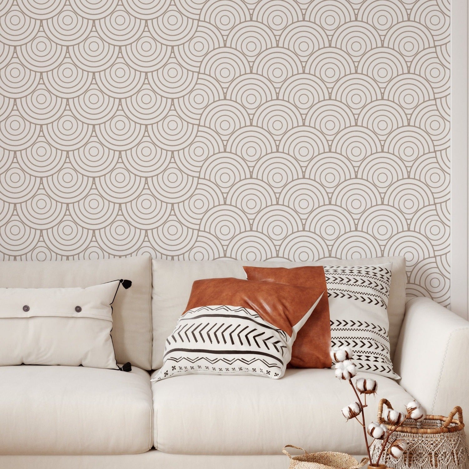 In a cozy room corner, the Geometric Japanese Wallpaper acts as a subtle yet impactful backdrop to a modern cream sofa adorned with stylish pillows. The wallpaper's pattern promotes a sense of calm and order, perfectly complementing the simple elegance of the decor.