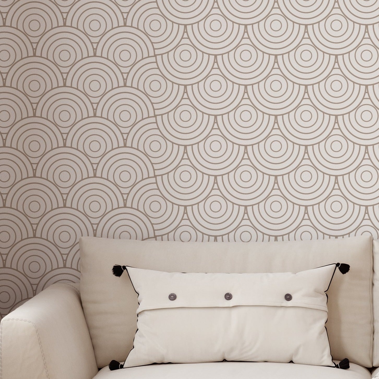 A contemporary living space is enhanced by the Geometric Japanese Wallpaper, featuring a repeating pattern of beige concentric circles with a minimalist aesthetic. The design is reminiscent of traditional Japanese motifs and adds a tranquil, harmonious feel to the room.