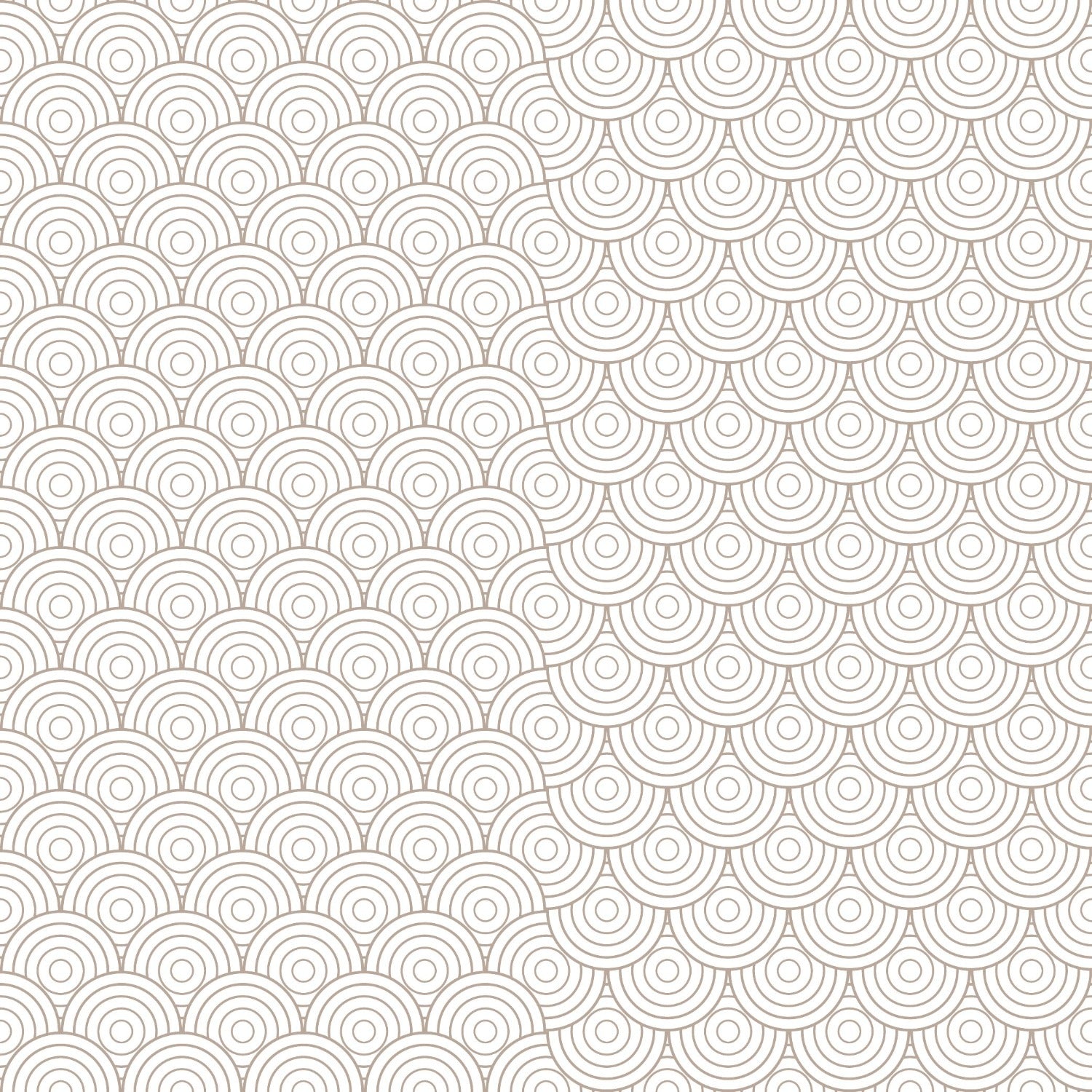 The seamless pattern of the Geometric Japanese Wallpaper is showcased, with its elegant array of overlapping circles in a soothing beige tone against a clean white background. The design brings a Zen-like quality and a touch of Japanese-inspired artistry to interior spaces.