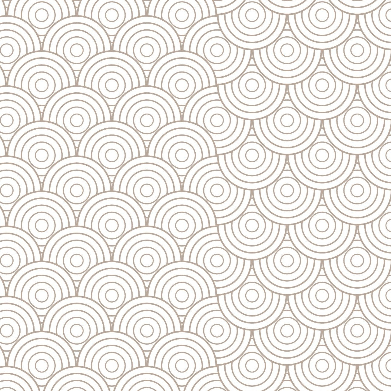 The seamless pattern of the Geometric Japanese Wallpaper is showcased, with its elegant array of overlapping circles in a soothing beige tone against a clean white background. The design brings a Zen-like quality and a touch of Japanese-inspired artistry to interior spaces.