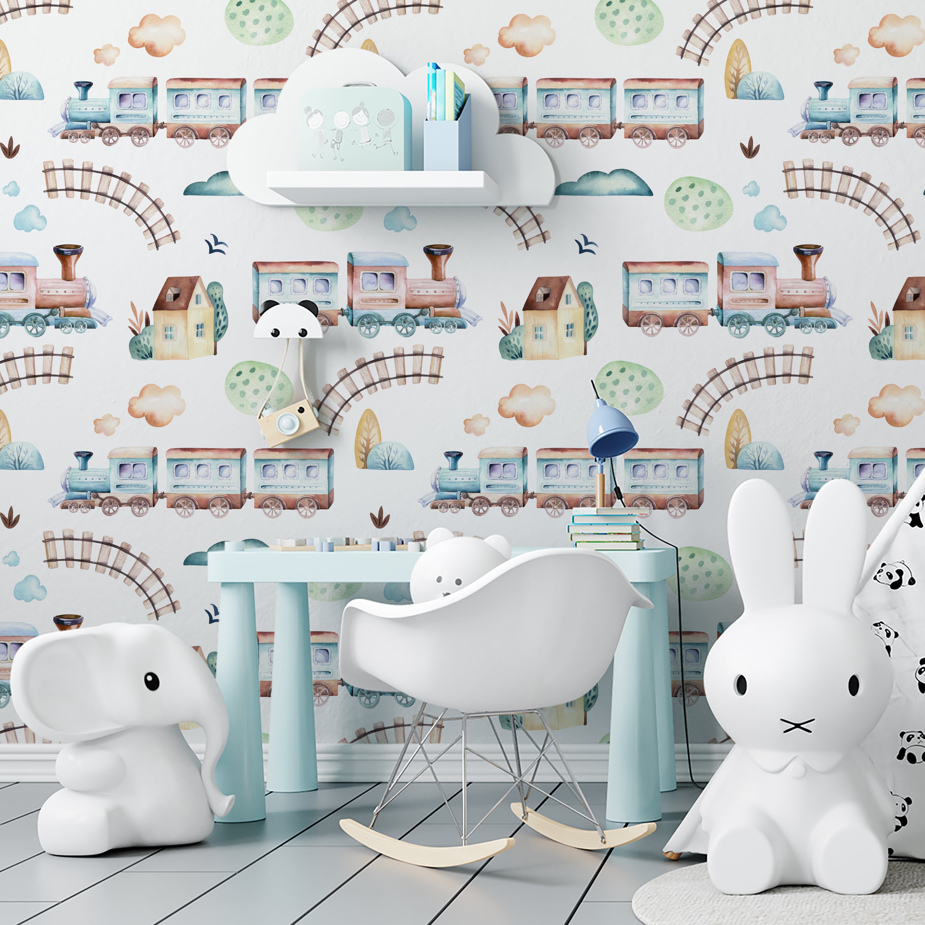 A children's room decorated with 'Trains and Planes Kids Wallpaper,' creating a lively and adventurous atmosphere. The wallpaper features a continuous scene of trains and planes in soft colors, complemented by whimsical furniture and playful decor, ideal for sparking a child's imagination