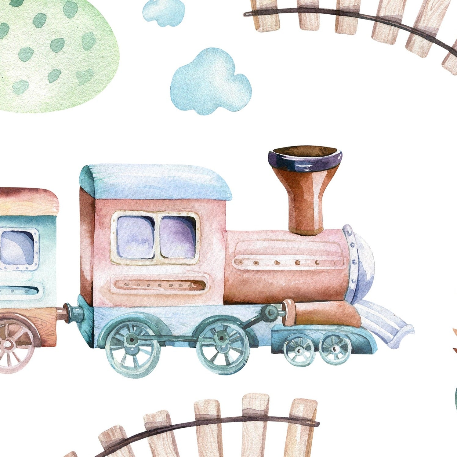 Close-up view of 'Trains and Planes Kids Wallpaper' showcasing a playful and colorful design of vintage trains, airplanes, and houses set among trees and tracks on a pastel background. The pattern includes elements like railroad tracks, fluffy clouds, and small details like leaves and birds, creating a whimsical scene.